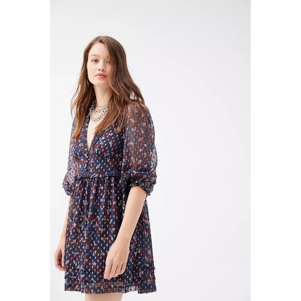 Urban Outfitters UO Mini Dress Sz L Blue Metallic Chiffon Wedding Party Date